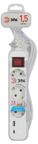 Удлинитель электрический ЭРА UB-3es-1,5m-USB c заземлением с выключателем 3 розетки + 1xUSBA+1xUSBC 1,5м 10А Б0052897