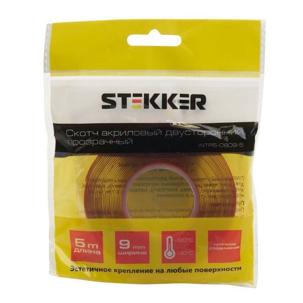 Скотч акриловый двусторонний Stekker INTP5-0809-5 0,8*9 мм,длина 5м, прозрачный, красная подложка 39144