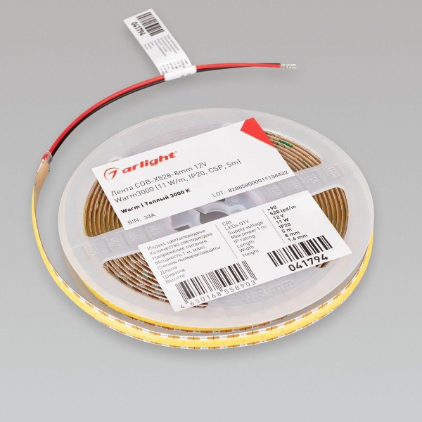 Светодиодная лента Arlight 11W/m 528Led/m CSP теплый белый 5M COB-X528-8mm 12V Warm3000 041794