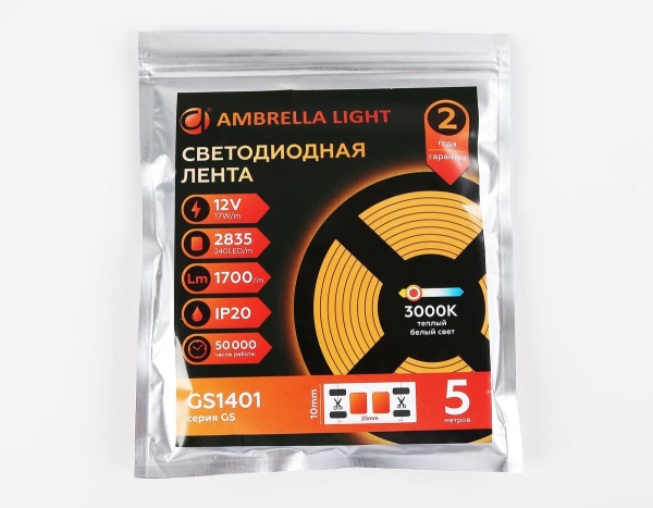 Светодиодная лента Ambrella Light 17W/m 240LED/m 2835SMD теплый белый 5M GS1401