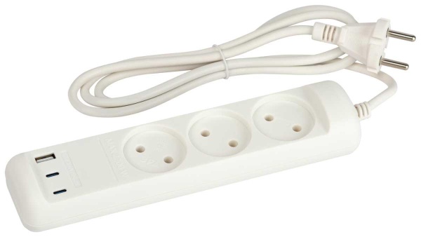 Удлинитель электрический ЭРА U-3-1,5m-USB-W 3 розетки + 3xUSB A+C 1,5м 10А белый Б0069075