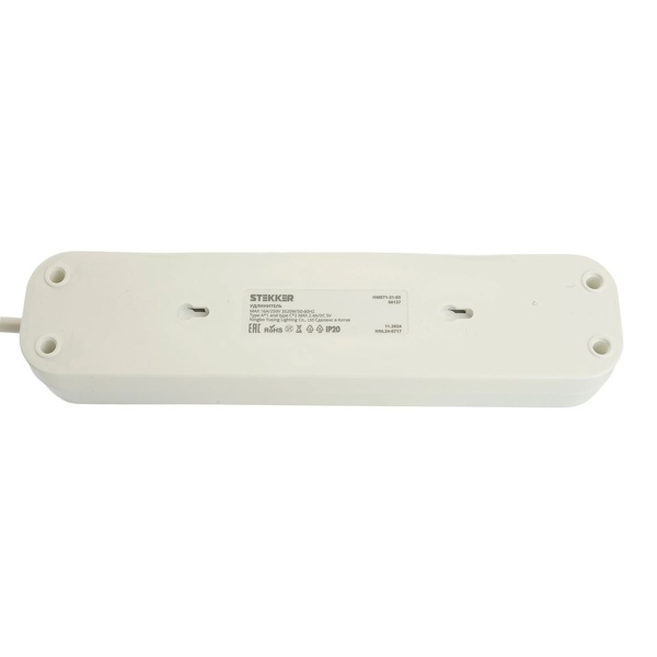 Удлинитель 3-местный с/з с выключ. Stekker HM071-31-03 3x1мм2, 3м, 250В, 16А, 1USB+2C, 2.4A Home, белый 50137