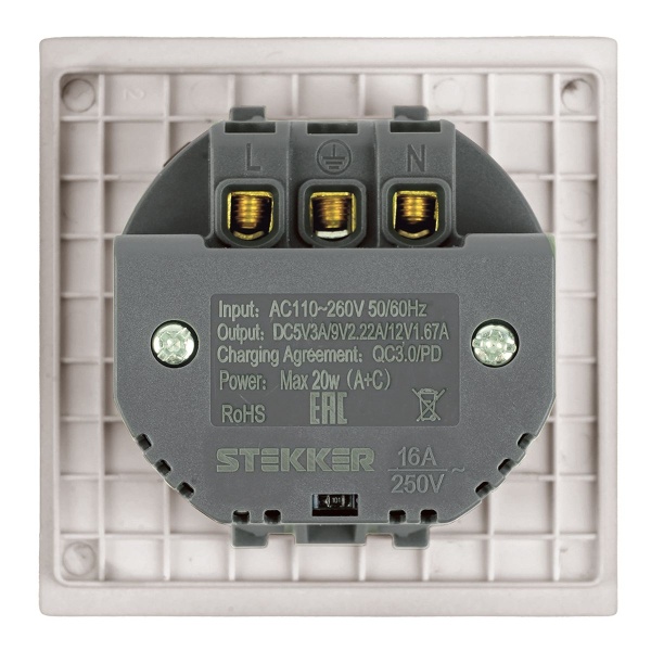 Розетка 1-местная з/ш с/з 16А + USB + Type C (механизм) Stekker 250В 20W Мия RST16-3119-08 пудровый жемчуг 50482