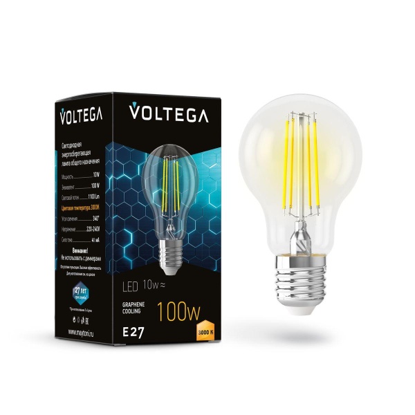 Лампа светодиодная филаментная Voltega E27 9W 3000K прозрачная 7228