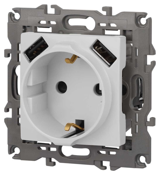 Розетка ЭРА Elegance 14-4109-01М 2P+E 16A-250В штор. с 2xUSB 5В-3А белый матовый Б0065773