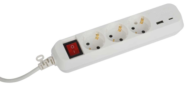 Удлинитель электрический ЭРА UB-3es-1,5m-USB c заземлением с выключателем 3 розетки + 1xUSBA+1xUSBC 1,5м 10А Б0052897