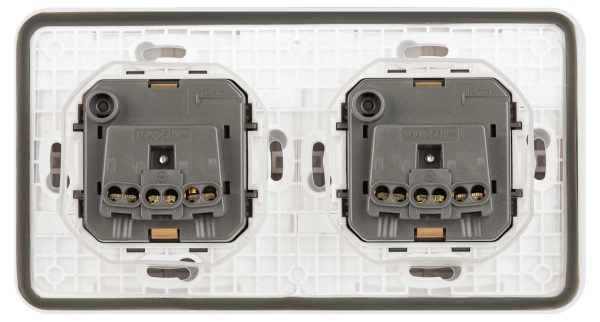 Розетка ЭРА Эксперт 11-2523-01 двойная с заземлением с крышкой 2х2P+E горизонт. IP55 16A-250В СУ белый Б0063276