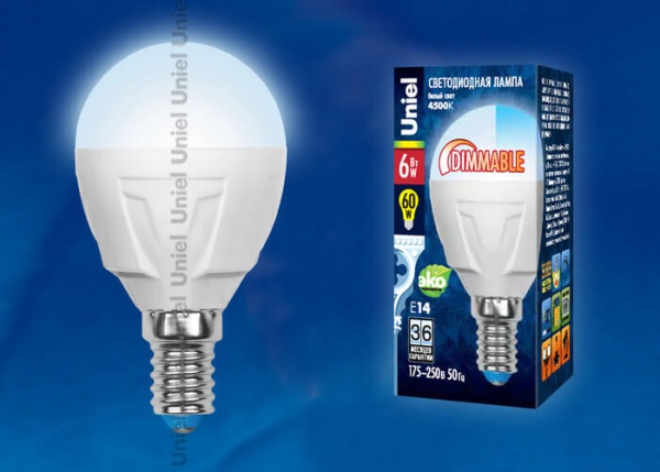 Лампа светодиодная диммируемая Uniel E14 6W 4500K матовая LED-G45-6W/NW/E14/FR/DIM PLP01WH UL-00000692