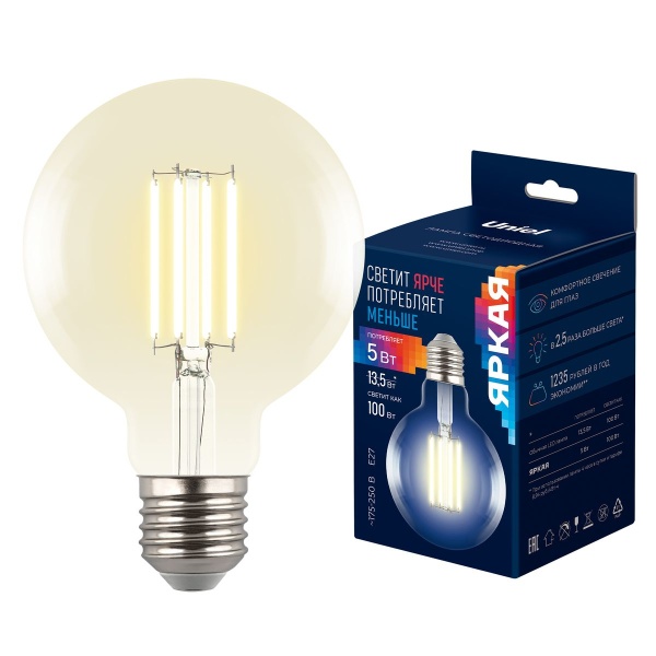 Лампа светодиодная Uniel E27 5W 3000K прозрачная LED-G95-5W/3000K/E27/CL GLY01TR UL-00011942