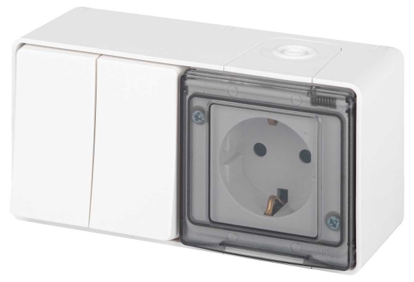 Блок розетка с выключателем ЭРА Эксперт 11-7502-01 двойной IP55 16A-10AX-250В ОУ белый Б0063270