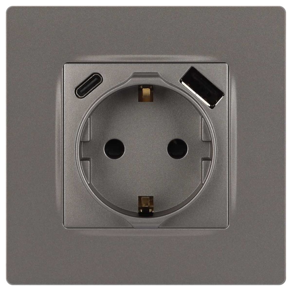Розетка ЭРА Серия 12 12-4108-16 2P+E 16A-250В со шторками с USB type-A+C 5В-3А титан Б0067762