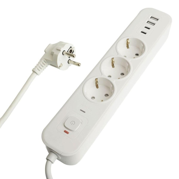 Сетевой фильтр 3-местный с/з Stekker 3x1мм2, 5 м, 250В, 16А, 2 USB-A+2 Type-C 3, серия Nova, белый 50101