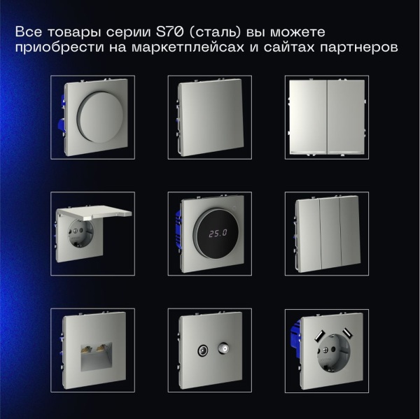Выключатель встраиваемый Voltum S70 двухклавишный 10А, (сталь) VLS020105